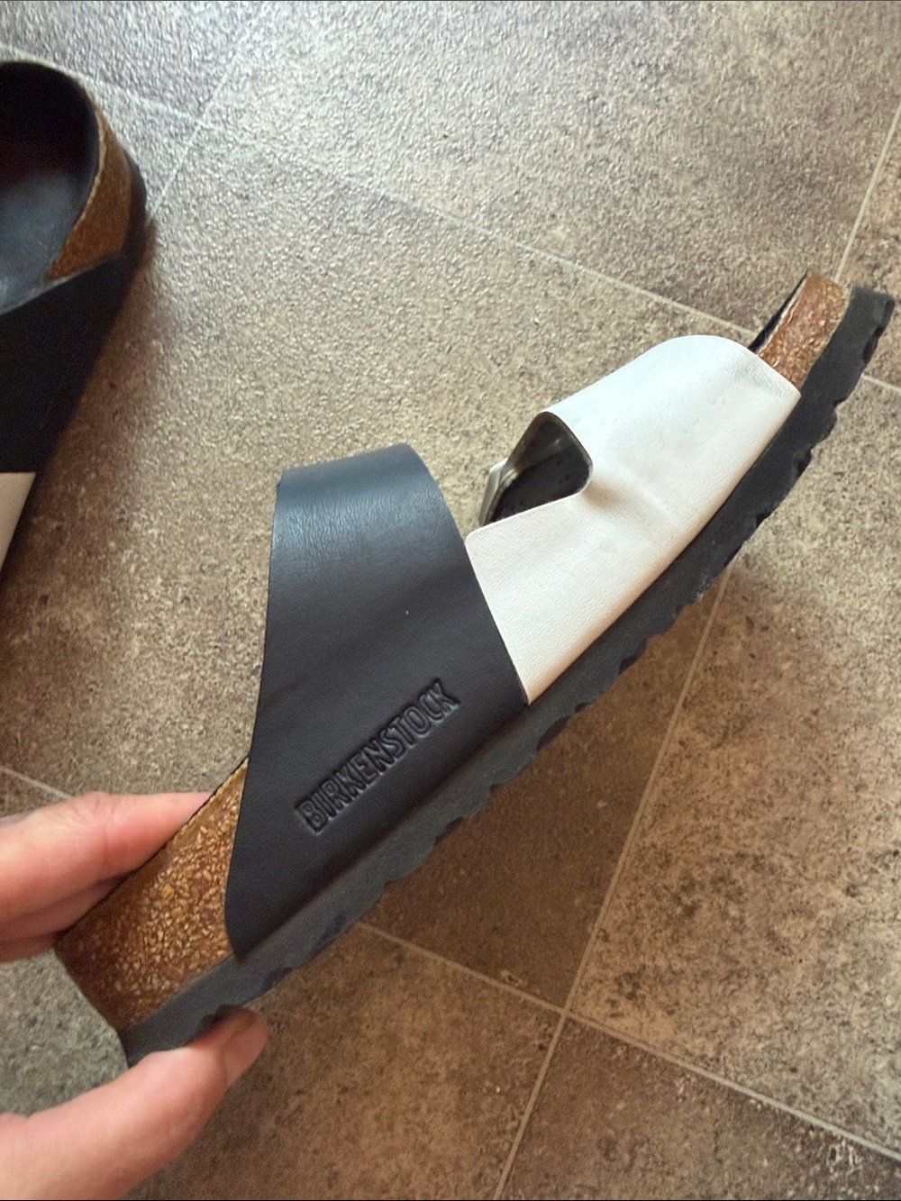 Birkenstock Black and White Two-Strap Slide Sandals - Picture 4 of 11